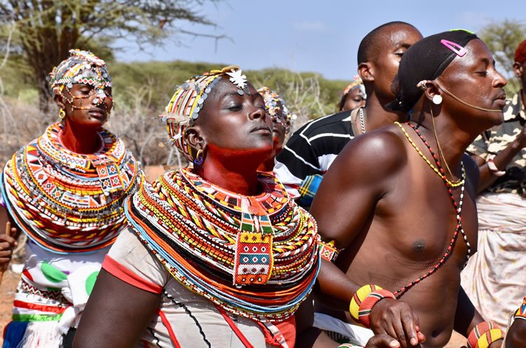 Samburu men and women dancing.