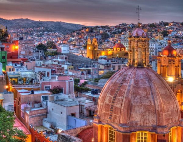 Evening view from above of the town Guanajuato, Mexico.