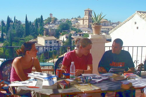 Students studying Spanish on terrace of Carmen de las Cuevas, Granada.