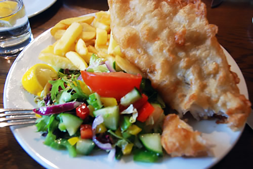 A plate of fish & chips at Dores Inn, Loch Ness, Scotland.