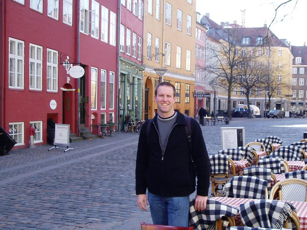 Author in a town in Sweden on a cobblestone street while he was learning Swedish.