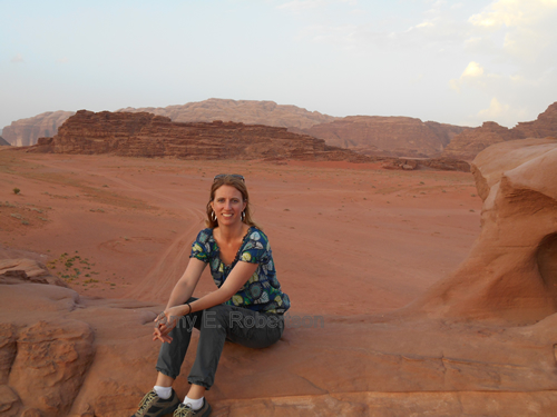 Red tint of sand and stone in Wadi Rum, Jordan.