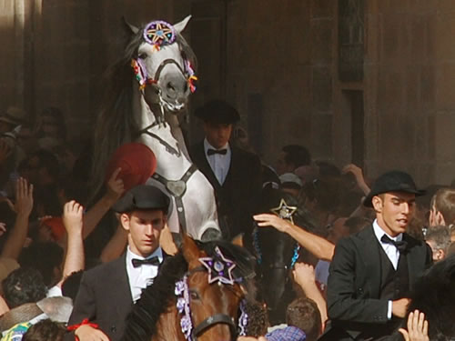 Costumed horse during a parade at the festival in Menorca, Spain.