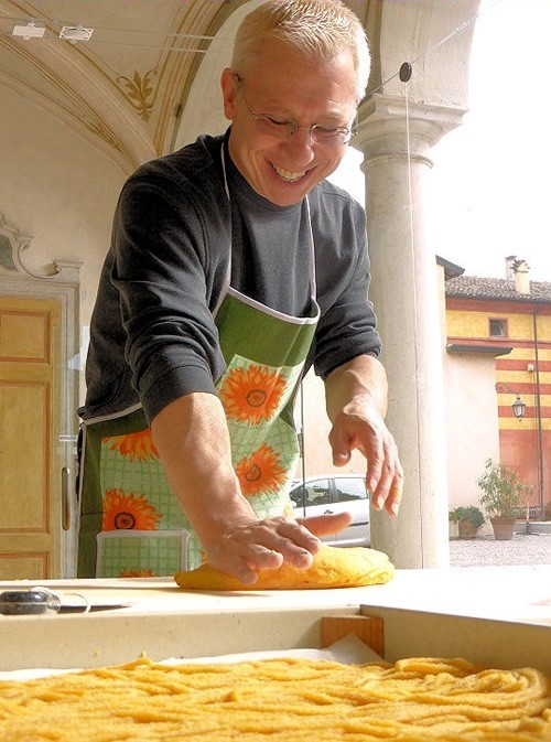 Geting a hand in making the pasta.