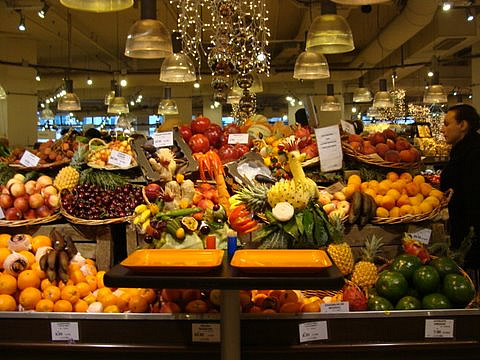 Bon Marche department store with many exotic fruits in Paris.