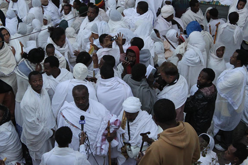 Crowd scene during ceremony in Lalibela, Ethiopia.