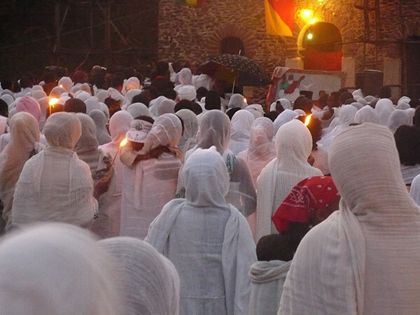 Worshippers in white at the Timkat ceremony at the Orthodox Christian celebration of the Ethiopian Epiphany.