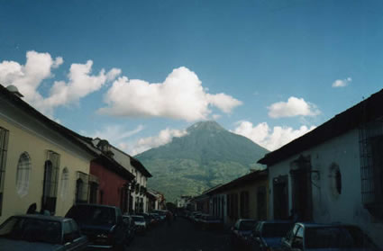 Volcano seen from street in Antigua, Guatemala.