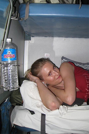 Author resting inside a train in India.
