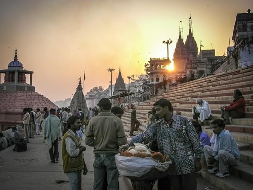 Sunset on the ghats in Varanasi, India.