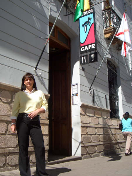 In front of Joy Ride Cafe in Sucre, Bolivia.