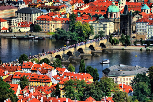 Beautiful gothic Prague in the springtime is a great place to drink beer.