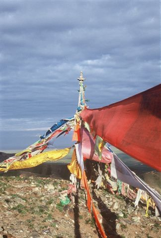 Tibetan prayer flags in the hills.