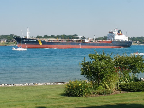 Freighter ship on a river.