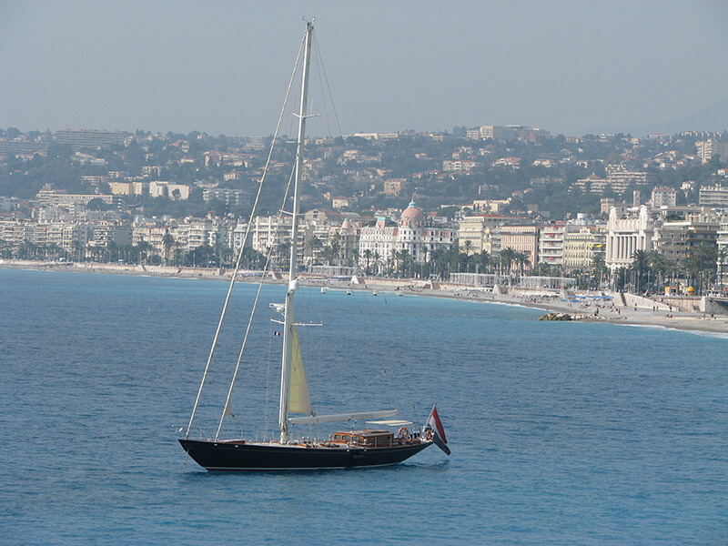 Nice, France with sailboat seen from above.