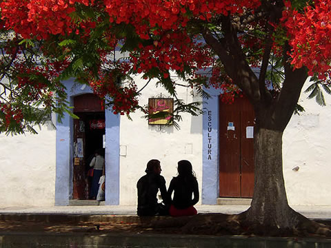 Couple sitting outside on a spring afternoon in Oaxaca, Mexico.