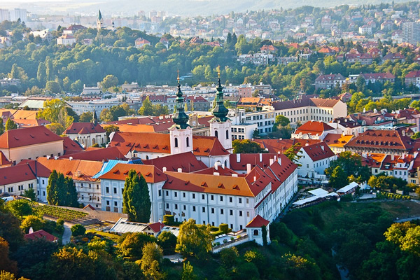 Above the old city of Prague.