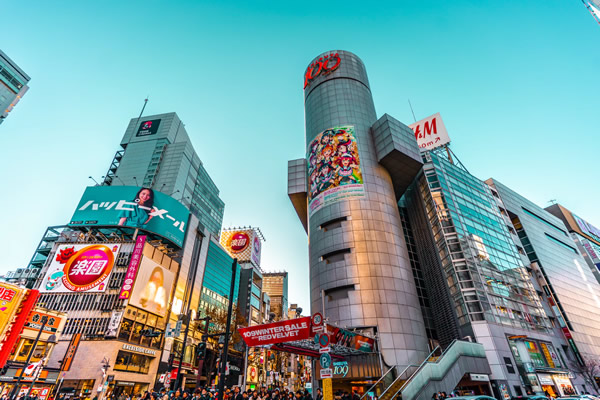 Glass office buildings in bustling Tokyo, Japan