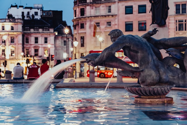 A fountain on iconic Trafalgar Square in the center of London.