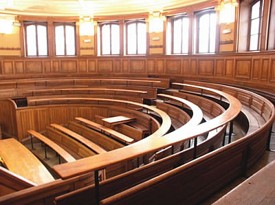 A wooden lecture hall in the Sorbonne.